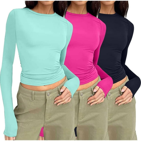 Meichang 3 Pack Long Sleeve Shirts for Women Basic Boat Neck Slim Fit Crop Tops Workout Baselayer Athletic Blouses Sports Gear Hot Pink XL