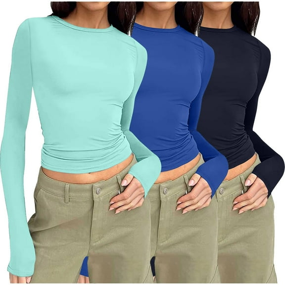 Meichang 3 Pack Long Sleeve Shirts for Women Basic Boat Neck Slim Fit Crop Tops Workout Baselayer Athletic Blouses Sports Gear Light Blue XL