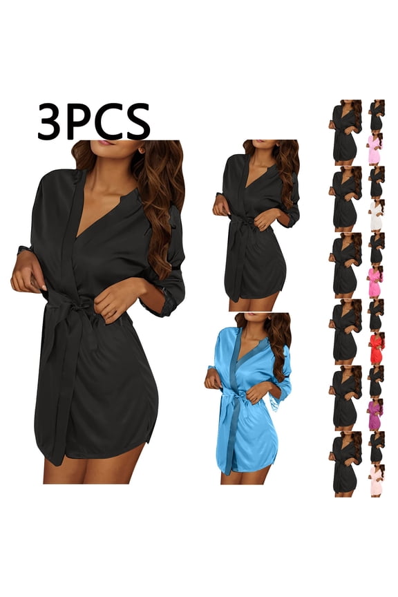 3 Pack Silk Satin Robes for Women 3/4 Sleeve Lace Trim Short Loungewear Bathrobes with Belt Lightweight Sleepwear Bath Robe