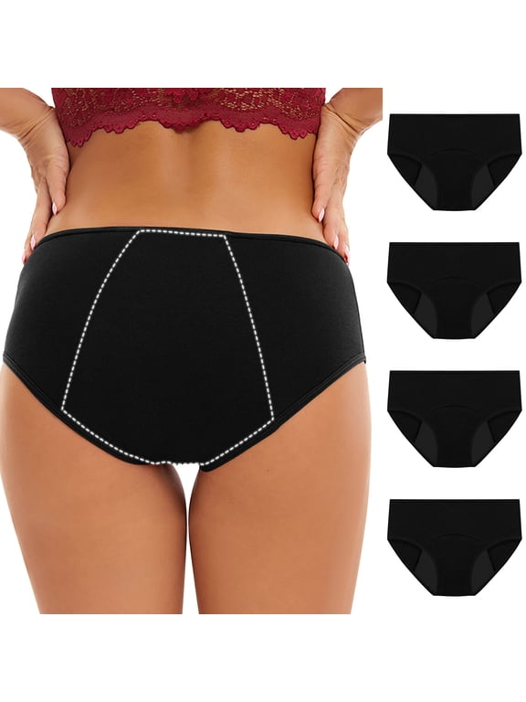 4 Pack Women's Period Underwear Heavy Flow, Plus Size Mid Waist Cotton Panties LeakProof Postpartum Menstrual Briefs Women Teens