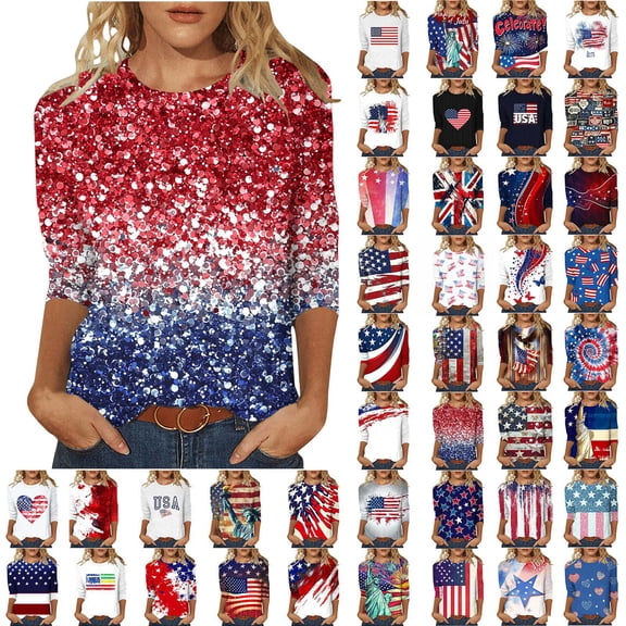 Meichang 4th of July Shirts Women American Flag T Shirts USA Patriotic Independence Day Tops 3/4 Sleeve Crewneck Holiday Tshirts Three Quarter Length Loose Fit Summer Blouses