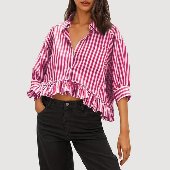 Meichang Babydoll Tops for Women Striped Button Down Shirts Cropped 3/4 Sleeve Collar Ruffle Hem Blouses Dressy Casual Loose Fit Fall Top
