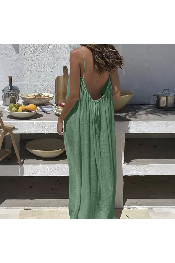 Backless Cami Dresses for Women Casual Spaghetti Straps Maxi Dress Backless Solid Sleeveless House Lounge Dress Summer Long Sundress with Back Tie
