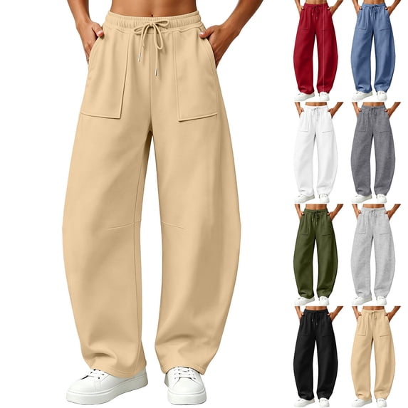 Meichang Barrel Sweatpants Women Fall Fashion Drawstring Elastic Waist Wide Leg Pants Baggy Lounge Running Workout Sweat Pants with Pockets