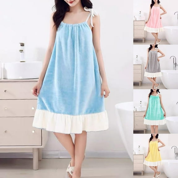 Meichang Bath Towel Wrap with Straps Sleeveless Ruffle Hem Towel Dress for Women Sleepwear Nightgown Soft Fuzzy Fleece Bath Towel Dress