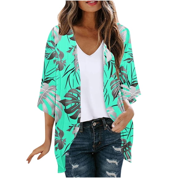 Meichang Beach Cover Ups for Women 3/4 Length Sleeve Womens Tops Floral Print Kimono Cardigan Lightweight Open Front Loose Beach Cover Up Casual Chiffon Cardigans