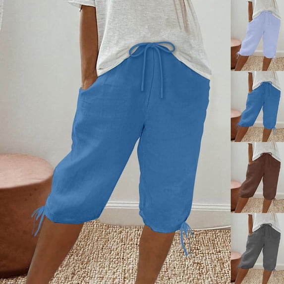 Meichang Bermuda Shorts for Women Knee Length Casual Cotton Linen Shorts Summer Drawstring Elastic Waist Loose Fit Straight Leg Shorts with Pockets