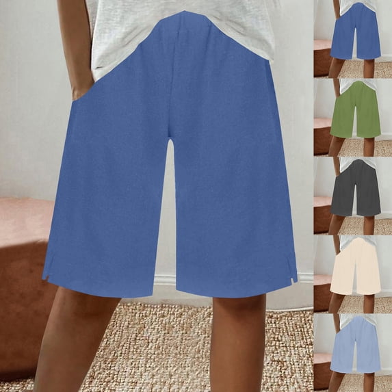 Meichang Bermuda Shorts for Women Knee Length High Waisted Cotton Linen Shorts Drawstring Elastic Waist Summer Casual Loose Shorts with Pockets