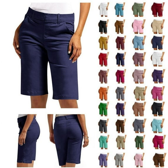 Meichang Bermuda Shorts for Women Knee Length High Waisted Elastic Wasit Summer Shorts Dressy Casual Long Chino Shorts with Pockets
