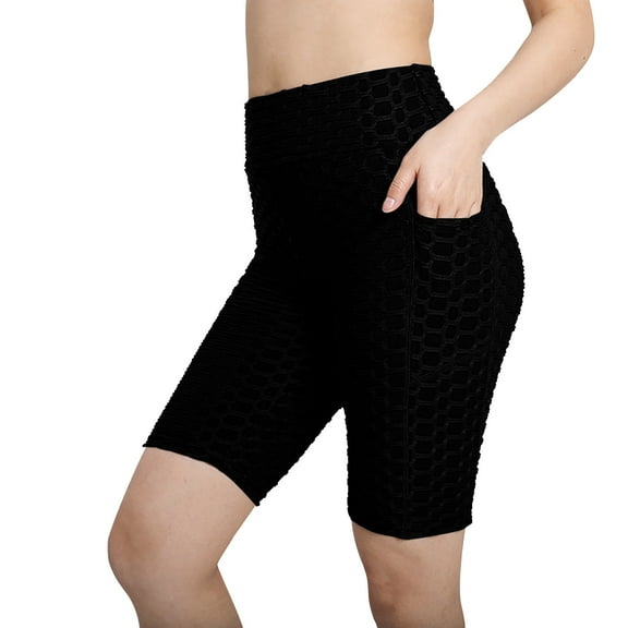 Meichang Bike Shorts for Women with Pockets High Waist Gym Shorts Textured Honeycomb Yoga Shorts Leggings Tummy Control Running Athletic Workout Shorts