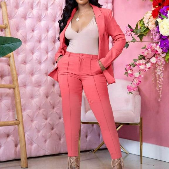 Meichang Blazer Set for Women Open Front Lapel Collar Outwear Slimming Pants Business Outfits Solid Color 2 PCS Blazer Set
