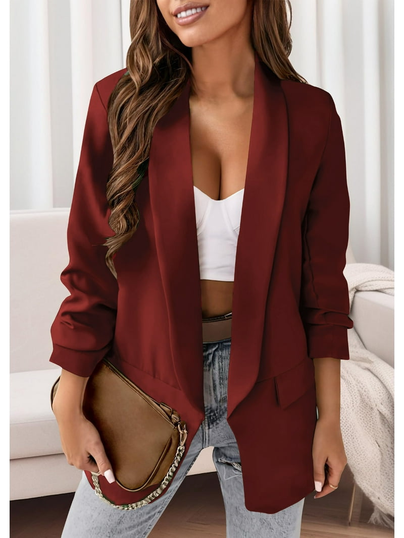 Meichang Blazers for Women Solid Color Lapel Long Sleeve