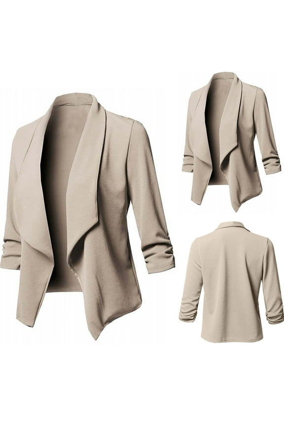 Blazers for Women Business Casual Pleated Long Sleeve Suit Elegant Slim Lapel Open Front Office Cardigan Formal Solid Jacket