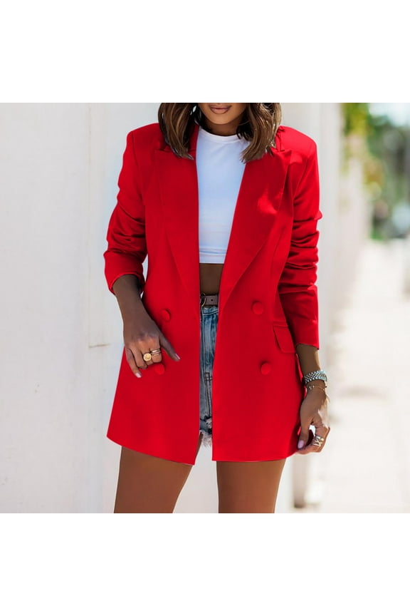 Blazers for Women Lapel Collar Double Breasted Blazer Jacket Solid Color Long Sleeve Outwears Business Work Coat