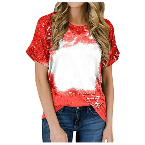 Meichang Bleached Sublimation Shirts for Women Short Sleeve Crew Neck T Shirts Summer Distressed Tops Trendy Print Loose Fit Work T-Shirts