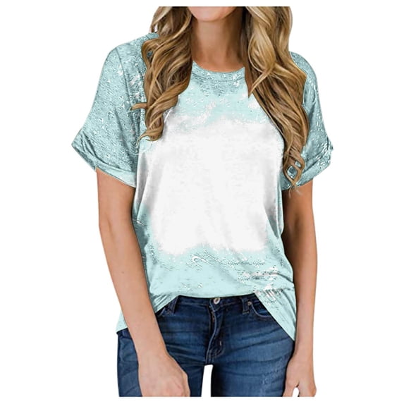 Meichang Bleached Sublimation Shirts for Women Short Sleeve Crew Neck T Shirts Summer Distressed Tops Trendy Print Loose Fit Work T-Shirts