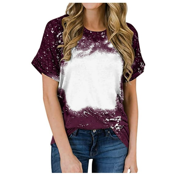 Meichang Bleached Sublimation Shirts for Women Short Sleeve Crew Neck T Shirts Summer Distressed Tops Trendy Print Loose Fit Work T-Shirts