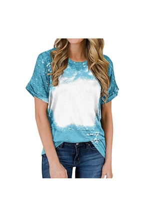 Bleached Sublimation Shirts for Women Short Sleeve Crew Neck T Shirts Summer Distressed Tops Trendy Print Loose Fit Work T-Shirts