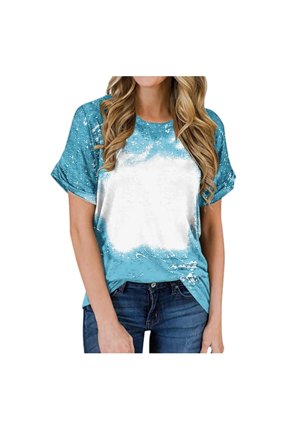 Meichang Bleached Sublimation Shirts for Women Short Sleeve Crew Neck T Shirts Summer Distressed Tops Trendy Print Loose Fit Work T-Shirts