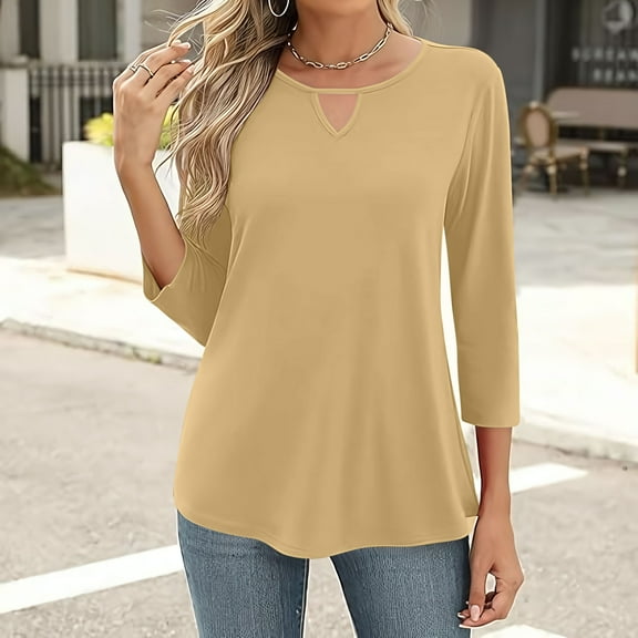 Meichang Blouses for Women Dressy Casual 3/4 Sleeve Tunic Tops Solid Loose Fit Keyhole Neck Fall Shirts Lightweight Comfy Business Work Top