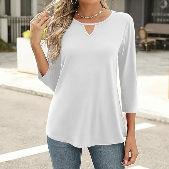 Meichang Blouses for Women Dressy Casual 3/4 Sleeve Tunic Tops Solid Loose Fit Keyhole Neck Fall Shirts Lightweight Comfy Business Work Top