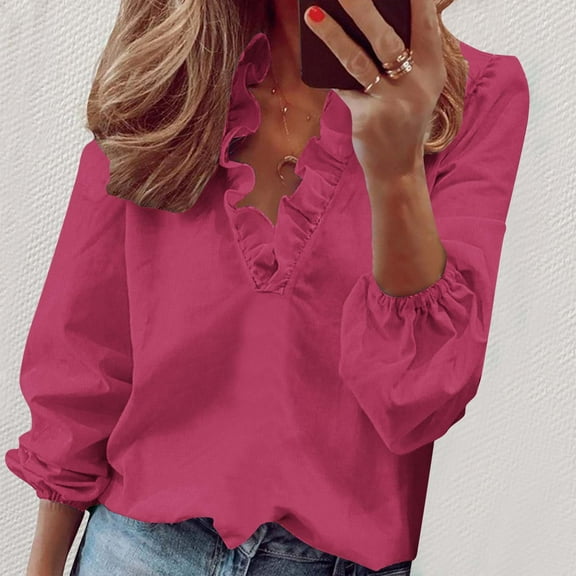 Meichang Blouses for Women Dressy Casual Ruffle V Neck Puff Long Sleeve Shirts Spring Summer Lantern Sleeve T-Shirts Solid Loose Work Tops