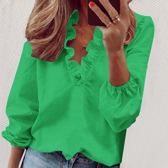 Meichang Blouses for Women Dressy Casual Ruffle V Neck Puff Long Sleeve Shirts Spring Summer Lantern Sleeve T-Shirts Solid Loose Work Tops