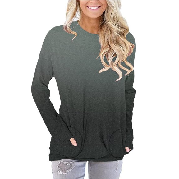 Meichang Blouses for Women Fall 2023 Trendy Gradient Print Blouse Casual Crewneck T-Shirts Long Sleeves Shirts with Pockets
