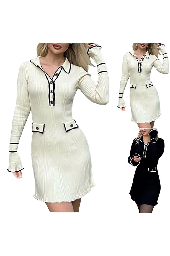 Bodycon Sweater Dress for Women Long Sleeve Collar V Neck Button Up Knit Dresses Elegant Slim Fit Work Mini Dress