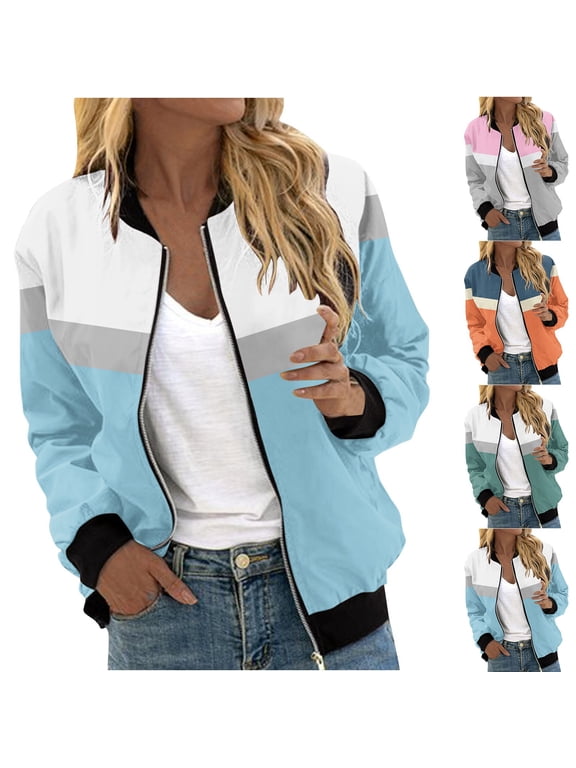 Bomber Jacket Women Trendy Color Block Zip Up Bomber Jacket Lightweight Long Sleeve Stand Collar Fall Jackets Outerwear with Pockets