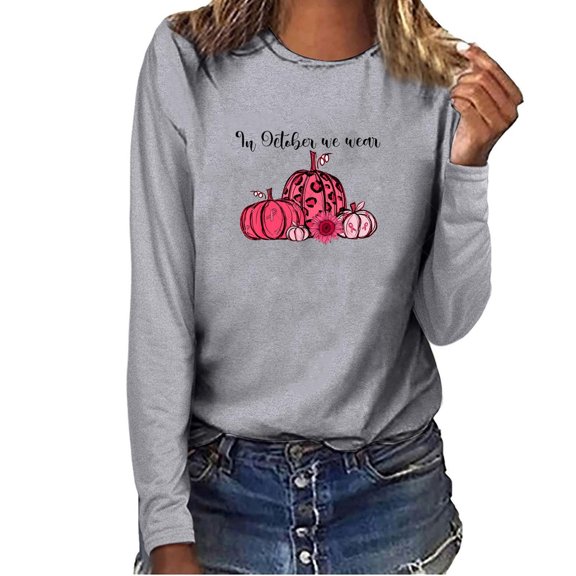 Meichang Breast Cancer Shirts Women Pink Pumpkin Print Long Sleeve Pullover Tops Crew Neck Breast Cancer Awareness T-Shirts In October We Wear Pink Tops