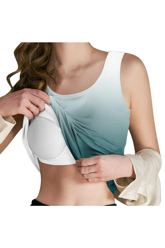 Built in Bra Tank Tops for Women Summer Trendy Gradient Print Scoop Neck Sleeveless Shirts Casual Wide Strap Undershirt Padded Camisole Yoga Tanks Tops