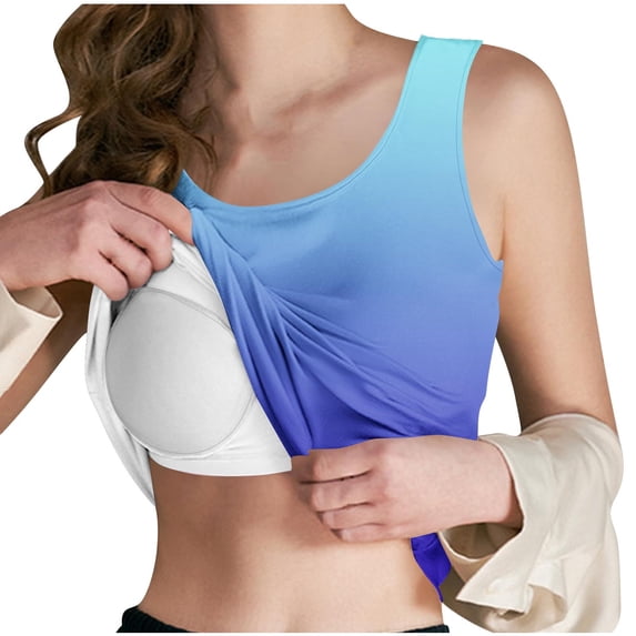 Meichang Built in Bra Tank Tops for Women Summer Trendy Gradient Print Scoop Neck Sleeveless Shirts Casual Wide Strap Undershirt Padded Camisole Yoga Tanks Tops