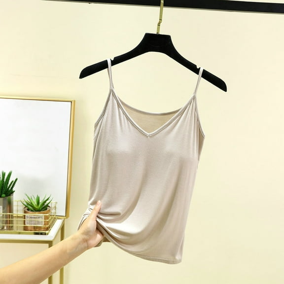 Meichang Built in Bra Tank Tops for Women V Neck Spaghetti Straps Camisole Tank Tops Modal Cami Shirts Basic Loose Fit Yoga Camisoles
