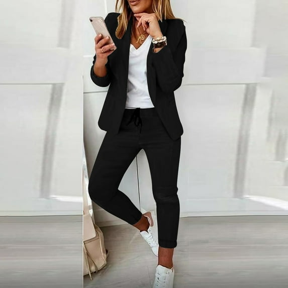Meichang 2 Piece Blazer Set Solid Lapel Long Sleeve Open Front Suit and Pants Set Elegant Business Cardigan With Pockets