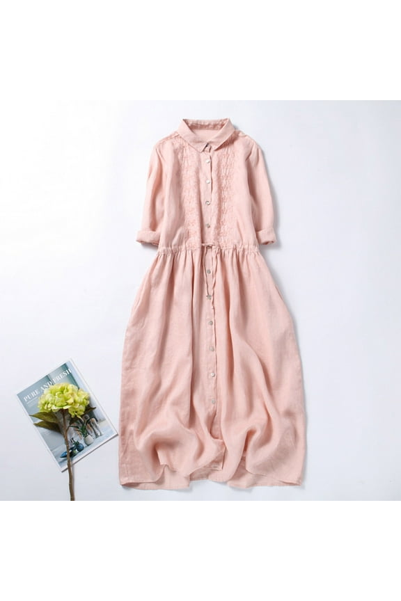 Button Down Shirt Dress for Women Casual Cotton Linen Maxi Dresses Half Sleeve Collar Embroidery Long Dresses with Waist Drawstring