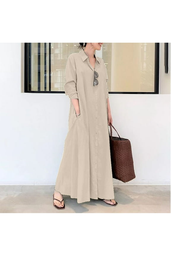 Button Down Shirt Dress for Women Maxi Dress Solid Loose Fit Long Sleeve Collar Long Dresses with Pocket Swing Work Dresses