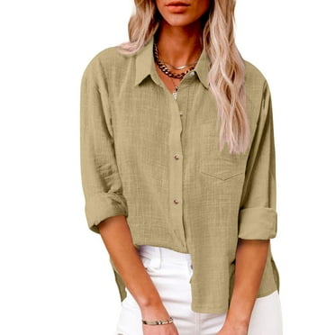 Meichang Button Down Shirts for Women Long Sleeve Lapel Collar Cotton Linen Tops Causal Lightweight Fall Summer Blouse