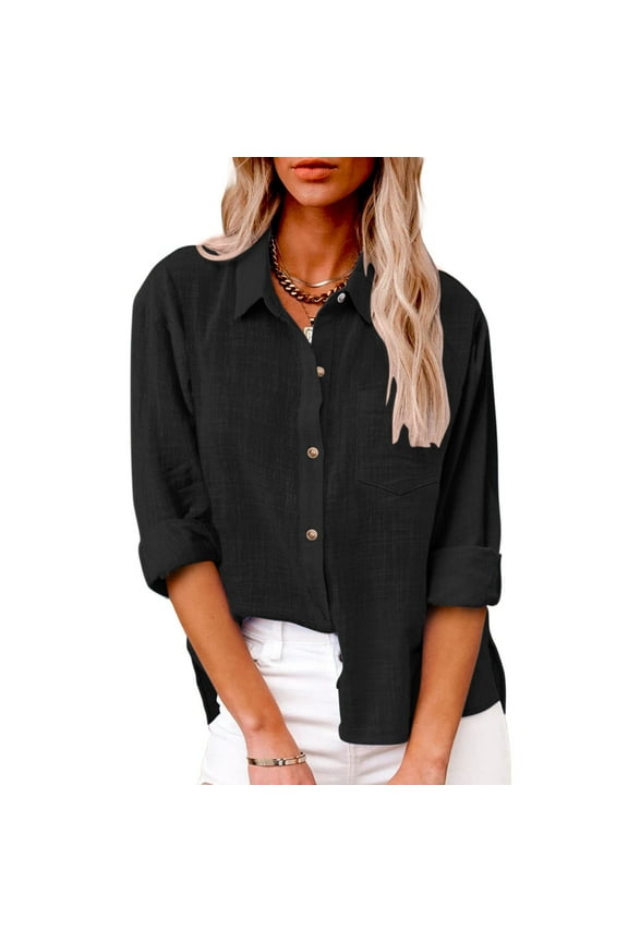 Button Down Shirts for Women Long Sleeve Lapel Collar Linen Shirts Solid Casual Plus Size Cotton Linen Tops with Pocket Black S