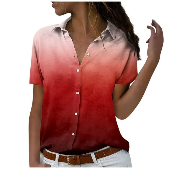 Meichang Button Down Shirts for Women Trendy Gradient Tshirts Shirts Short Sleeve Summer Tops V Neck Collared Casual Tees Blouses Plus Size Red XXXL