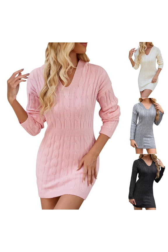 Cable Knit Sweater Dress for Women V Neck Long Sleeve Slim Fit Bodycon Mini Dresses Casual Fall Winter Soft Cocktail Party Pencil Short Dress