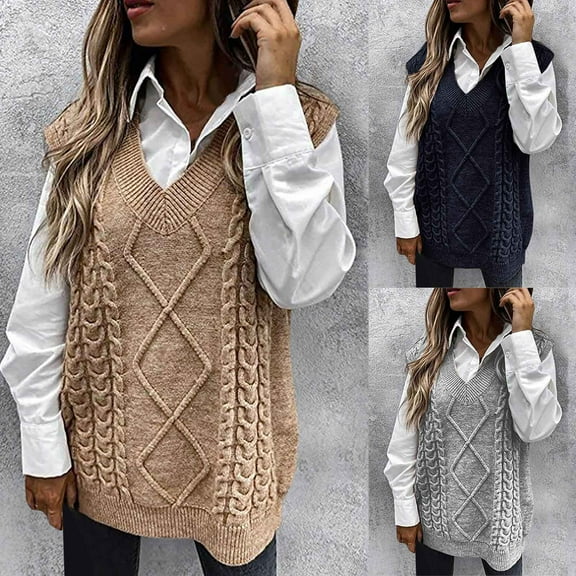 Meichang Cable Knit Sweater Vest Women Fall Winter Trendy V Neck Sleeveless Sweater Vest Solid Loose Fit Chunky Sweater Vest