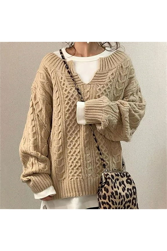 Cable Knit Sweater Women Long Sleeve Notch V Neck Chunky Pullover Top Solid Loose Fit Knit Sweater Winter Comfy Jumpers Tops Khaki M