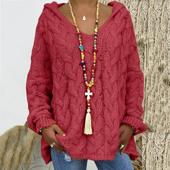 Meichang Cable Knit Sweater Women Oversized Hoodie Sweaters Casual Long Sleeve V Neck Pullover Top Loose Hooded Jumper Knitwear Red XXXL