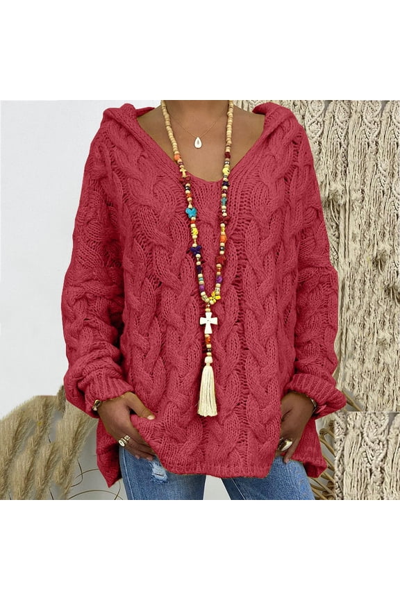 Cable Knit Sweater Women Oversized Hoodie Sweaters Casual Long Sleeve V Neck Pullover Top Loose Hooded Jumper Knitwear Red XXXL