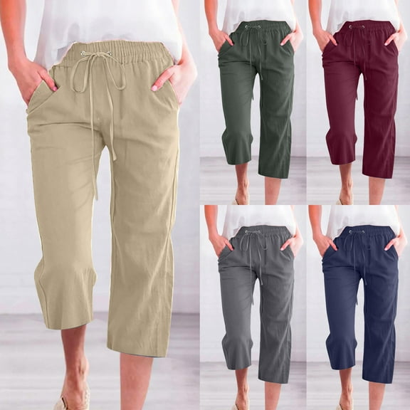 Meichang Capris Pants for Women Summer Casual Drawstring Elastic Waist Cotton Linen Pant Straight Wide Leg Loose Cropped Trouser with Pockets