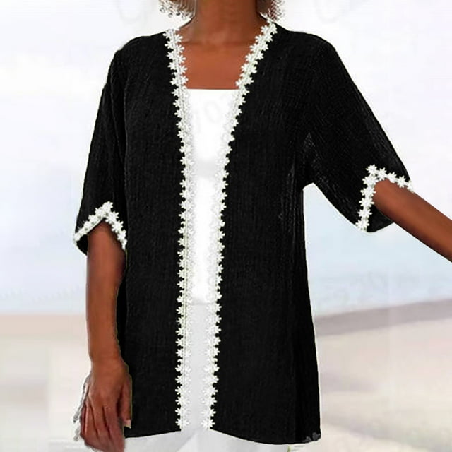 Meichang Cardigans for Women Lace Trim Half Sleeve Kimono Cardigans Plus Size Loose Lightweight Summer Cover Ups Soft Casual Open Front Cardigans Black L