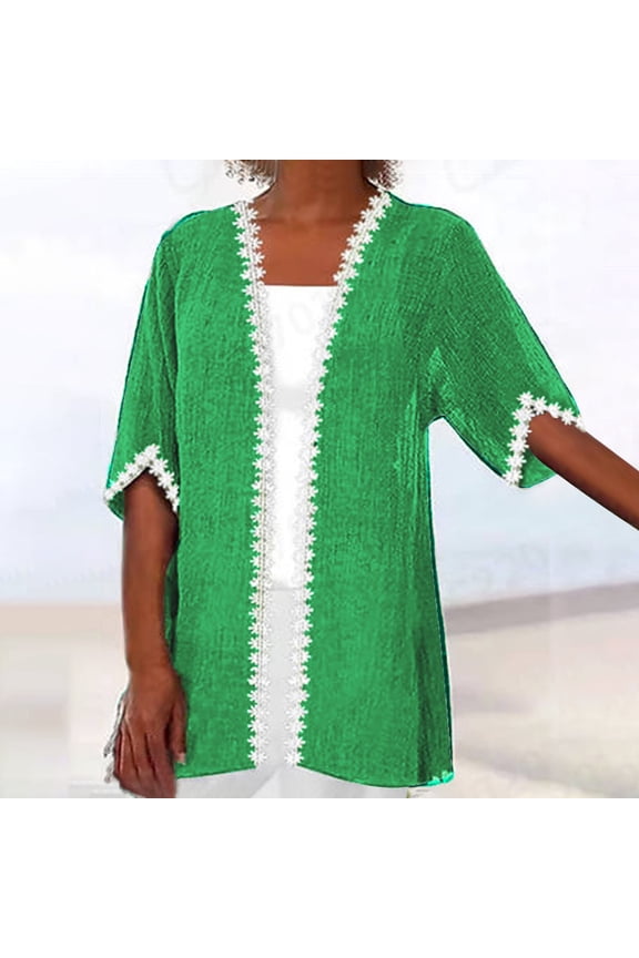 Cardigans for Women Lace Trim Half Sleeve Kimono Cardigans Plus Size Loose Lightweight Summer Cover Ups Soft Casual Open Front Cardigans Green XXL