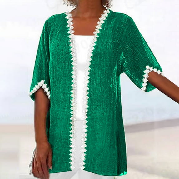 Meichang Cardigans for Women Summer Lace Trim Half Sleeve Kimono Cardigans Plus Size Loose Lightweight Beach Cover Ups Soft Casual Open Front Cardigans