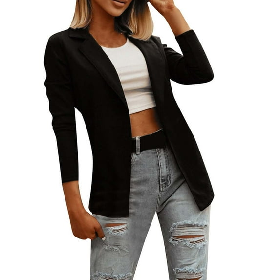 Meichang Casual Blazer for Women 2023 Lapel Collar Open Front Blazer Jacket Solid Color Long Sleeve Outwears Mid-Length Coat